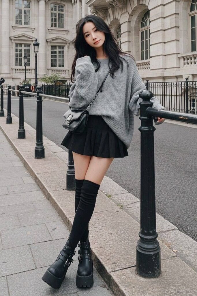 Grey Oversized Sweater + Black Pleated Mini Skirt + Black Platform Boots