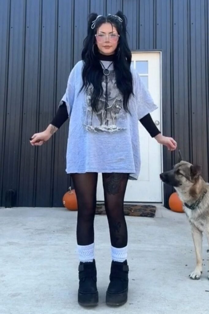 Grey Oversized T Shirt + Black Long Sleeve Layer + Black Tights + Platform Boots