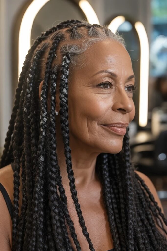 Half-Up Braided Style with Salt-and-Pepper Highlights
