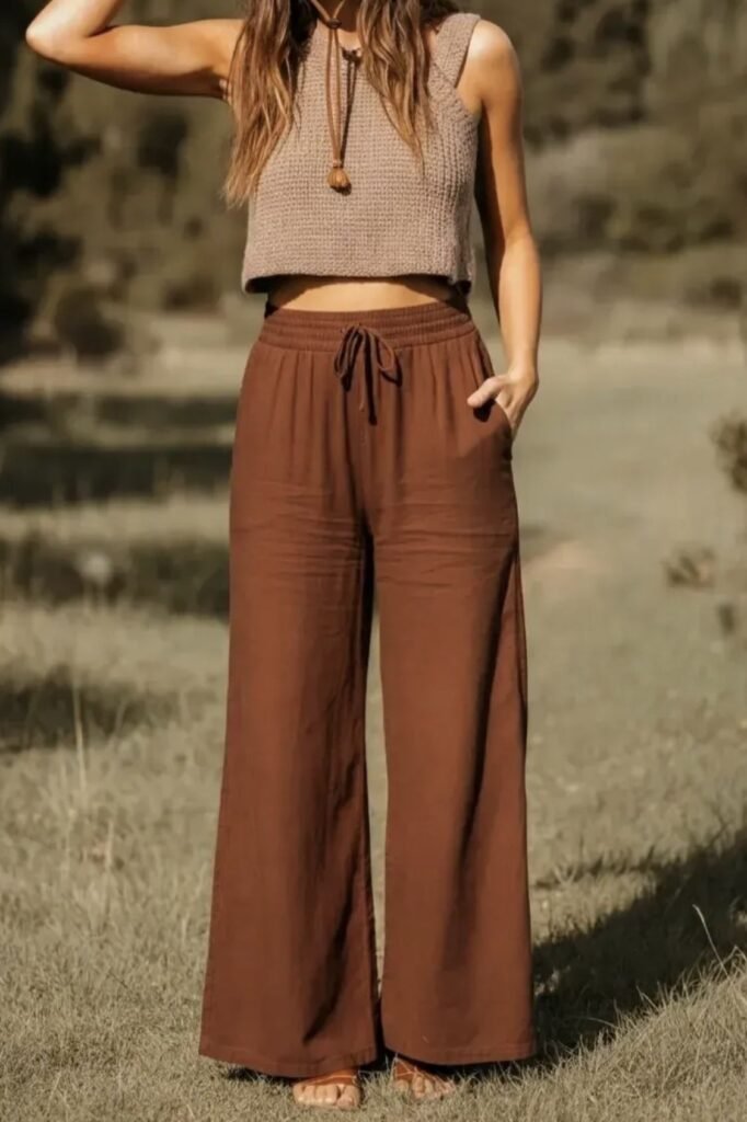 Knit Crop Top + Brown Wide Leg Trousers + Sandals