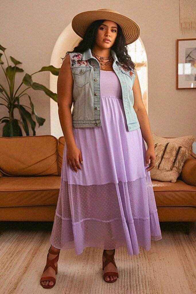 Lavender Midi Dress + Embroidered Denim Vest + Brown Heeled Sandals