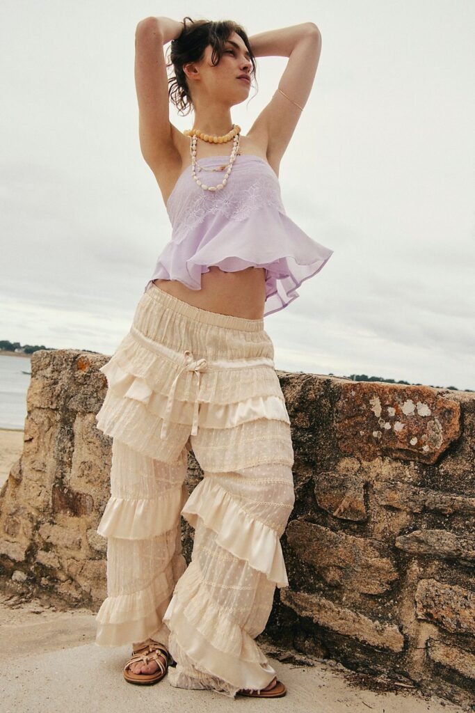 Lavender Ruffled Tube Top + Cream Tiered Ruffle Pants + Sandals