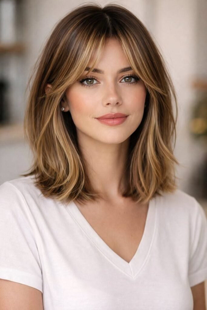 35. Layered Lob with Wispy Curtain Bangs