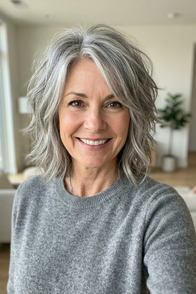 Layered Shoulder-Length Gray Hair with Wispy Waves
