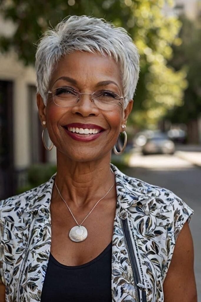 Layered Silver Pixie with Side-Swept Bangs