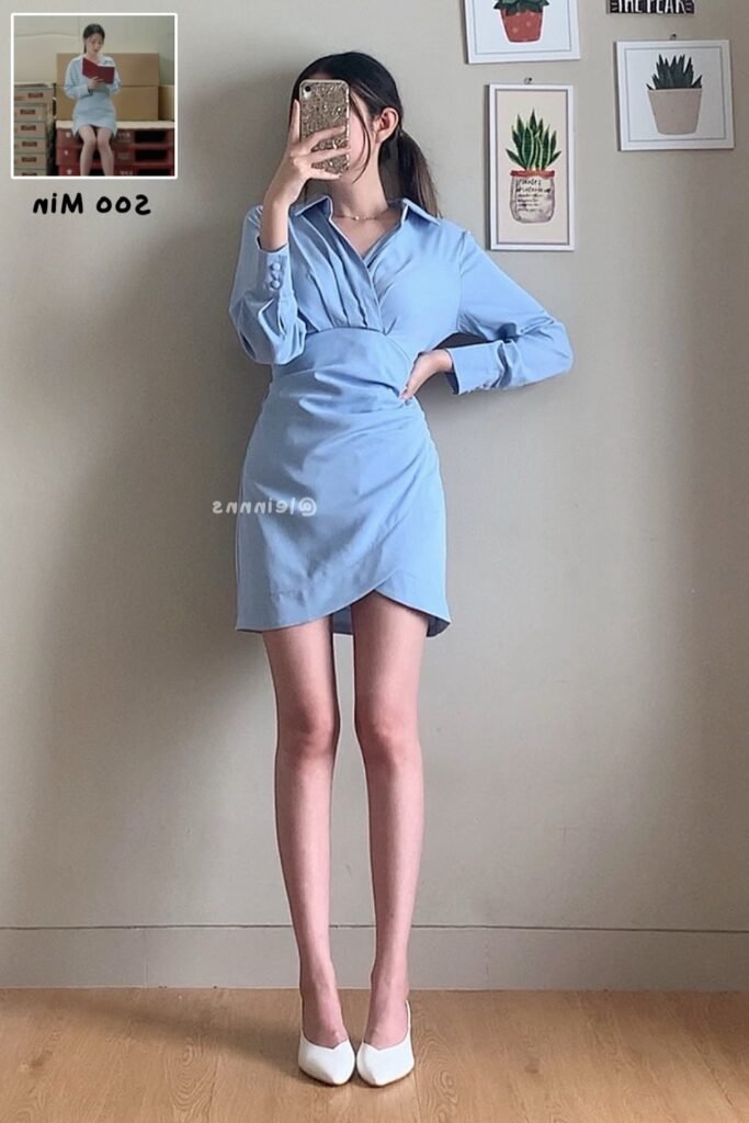 Light Blue Wrap Dress + White Heels