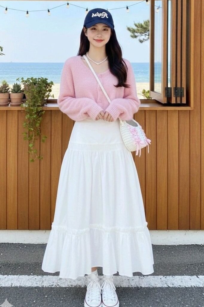 Light Pink Cardigan + White Tiered Maxi Skirt + White Sneakers