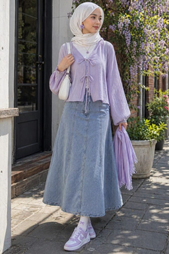 Light Purple Tie Front Cardigan + Denim Maxi Skirt + Purple and White Sneakers