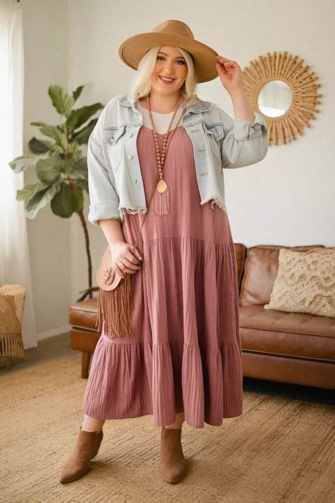 Light Wash Denim Jacket + Dusty Pink Tiered Midi Dress + Brown Ankle Boots + Tan Fedora