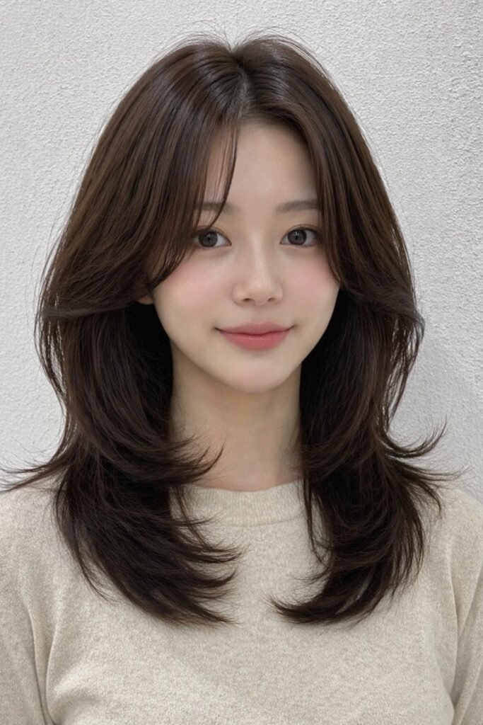 Long Feathered Layers with Curtain Bangs
