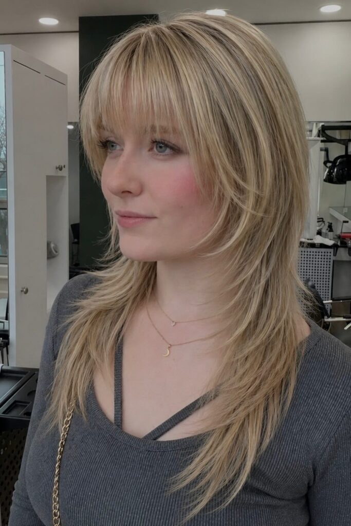 21. Long Layered Blonde with Wispy Bangs