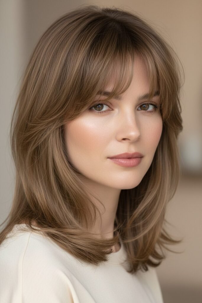 37. Long Layered Hair with Soft Curtain Bangs