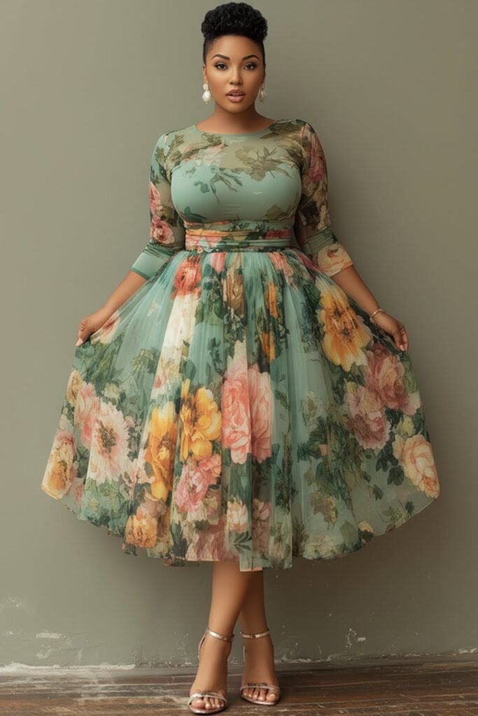 Long Sleeve Floral Print Dress + Metallic Heeled Sandals