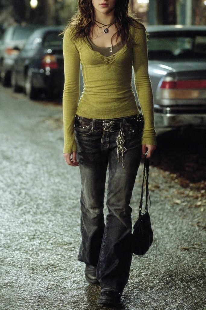 Long Sleeve Green Shirt + Dark Jeans + Chain Belt + Black Boots