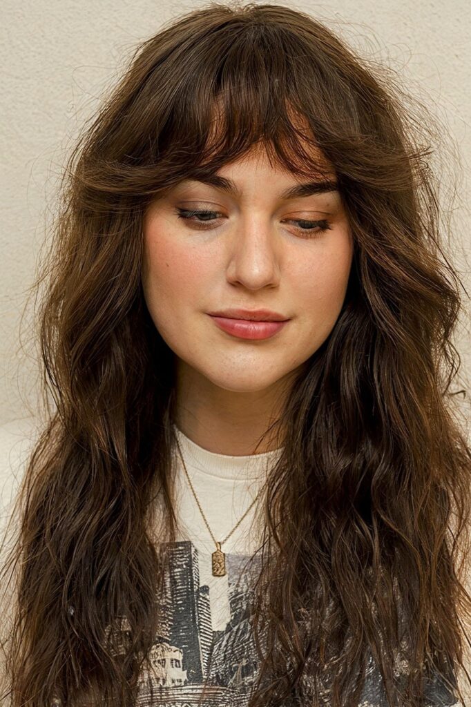23. Long Wavy Brunette with Curtain Bangs