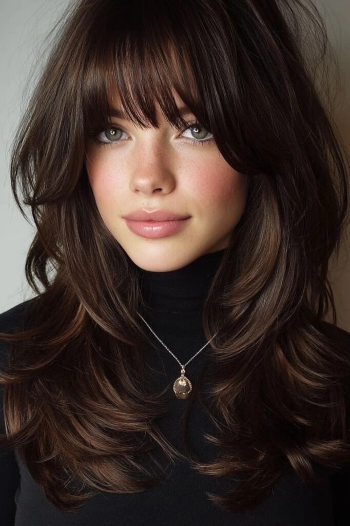45. Medium Layered Haircut with Full Bangs and Face-Framing Layers