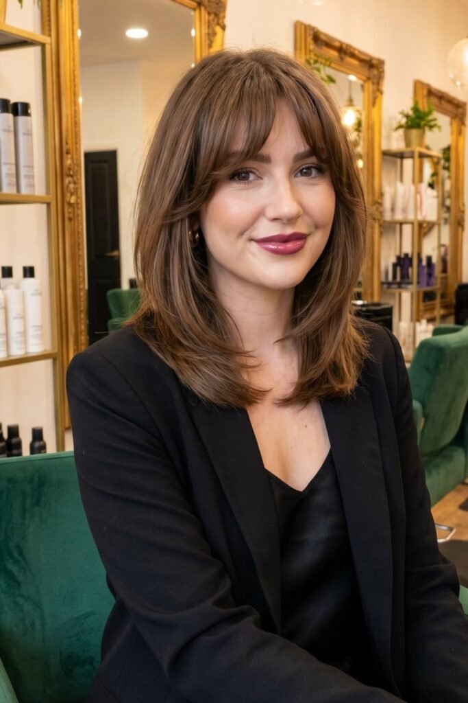 42. Medium-Length Layered Haircut with Soft Curtain Bangs
