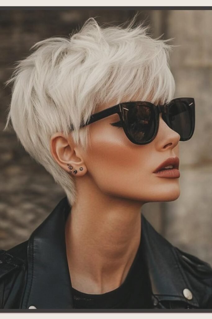 37. Messy Platinum Blonde Textured Pixie Cut