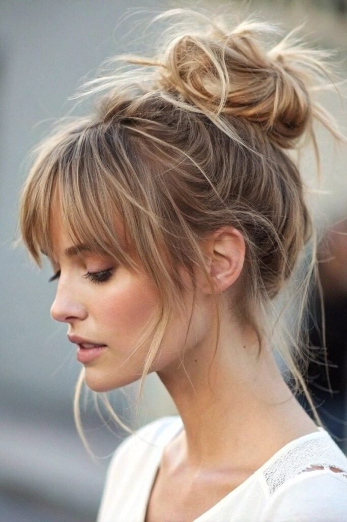 Messy Top Knot with Full Curtain Bangs