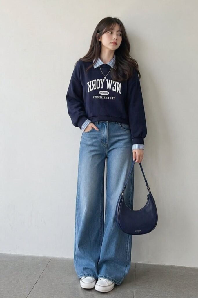 Navy Blue Crewneck Sweatshirt + Striped Collared Shirt + Blue Wide Leg Jeans + White Sneakers