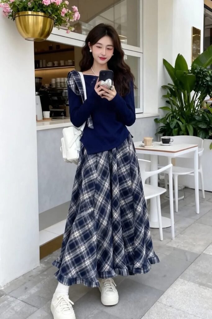 Navy Blue Long Sleeve Top + Plaid Maxi Skirt + White Sneakers