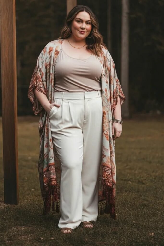 Nude Tank Top + Off White Trousers + Floral Kimono