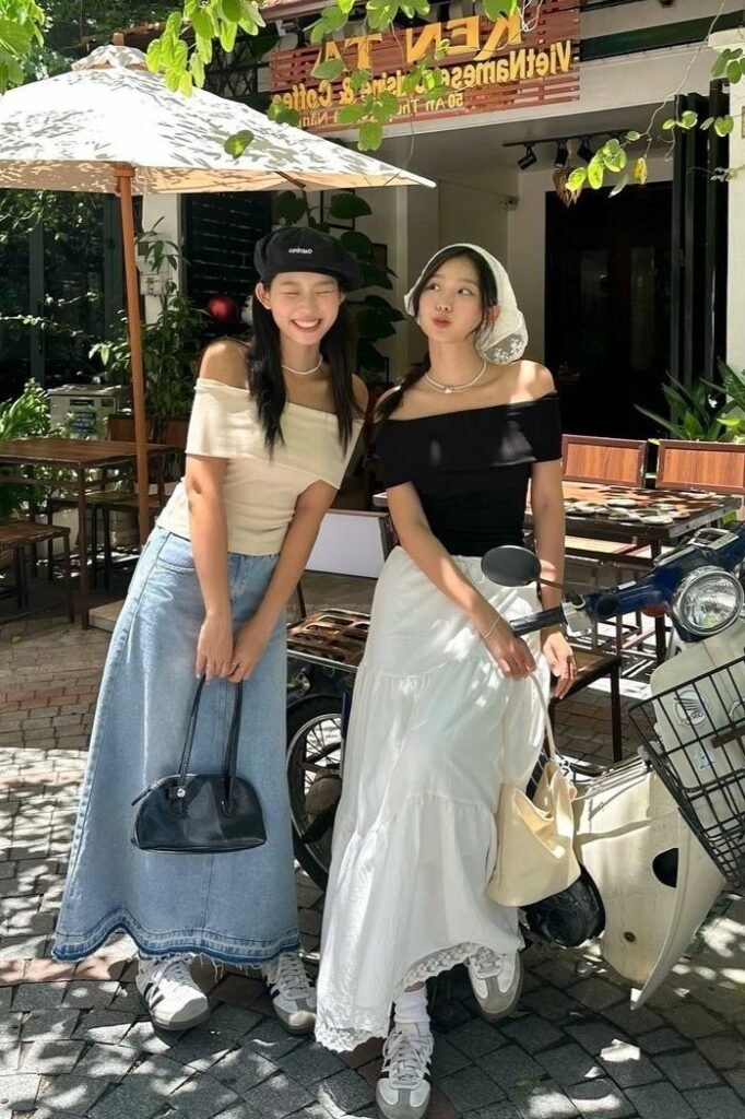 Off Shoulder Top + Long Skirt + Retro Sneakers