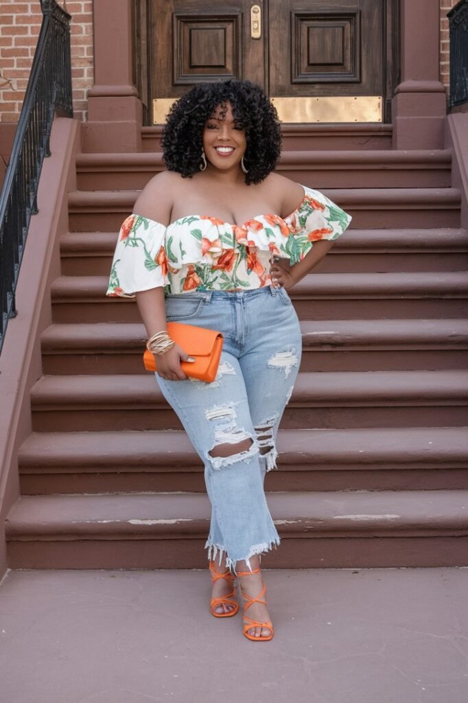 Off The Shoulder Floral Top + Distressed Light Wash Jeans + Orange Strappy Heels