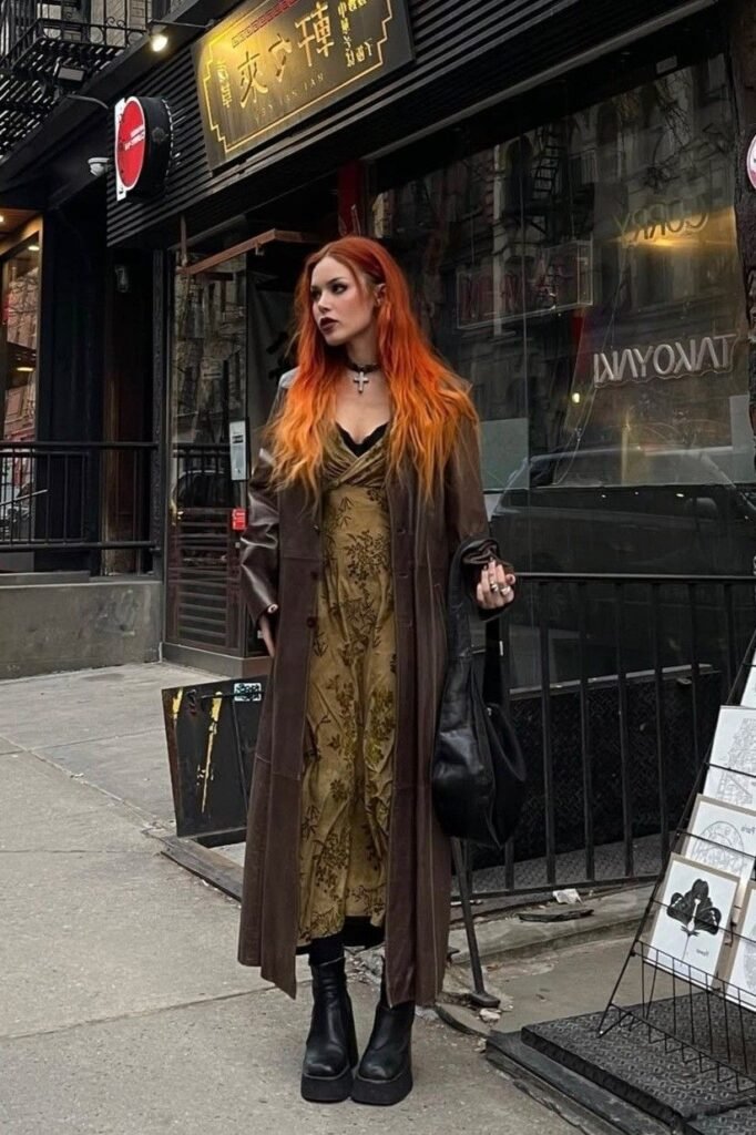 Olive Green Floral Maxi Dress + Brown Leather Trench Coat + Black Platform Boots