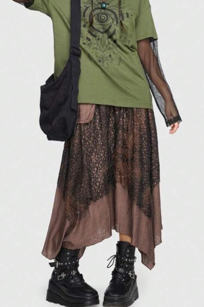 Olive Green Graphic T Shirt + Black Sheer Layering Top + Brown Asymmetrical Lace Skirt + Black Platform Boots