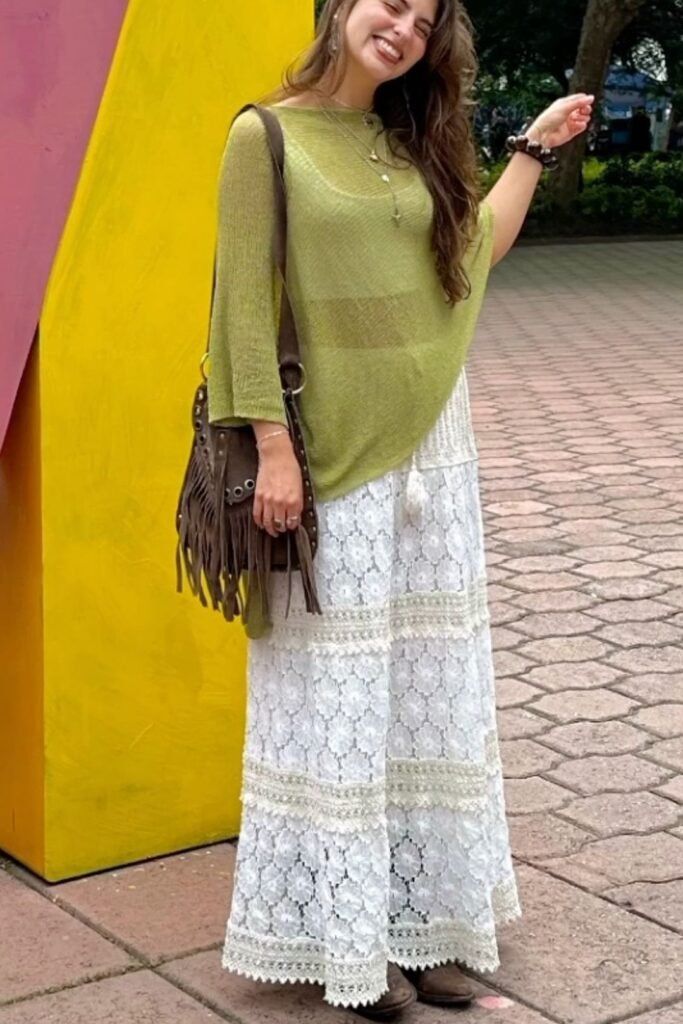 Olive Green Poncho Top + White Lace Tiered Maxi Skirt + Brown Ankle Boots
