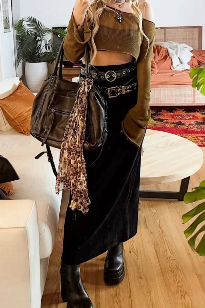 Olive Off Shoulder Crop Top + Black Maxi Skirt + Black Platform Boots + Leather Tote Bag