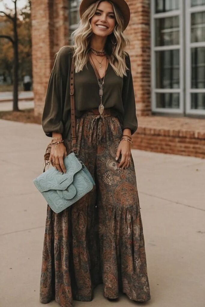 Olive V Neck Blouse + Paisley Tiered Maxi Skirt + Fedora Hat