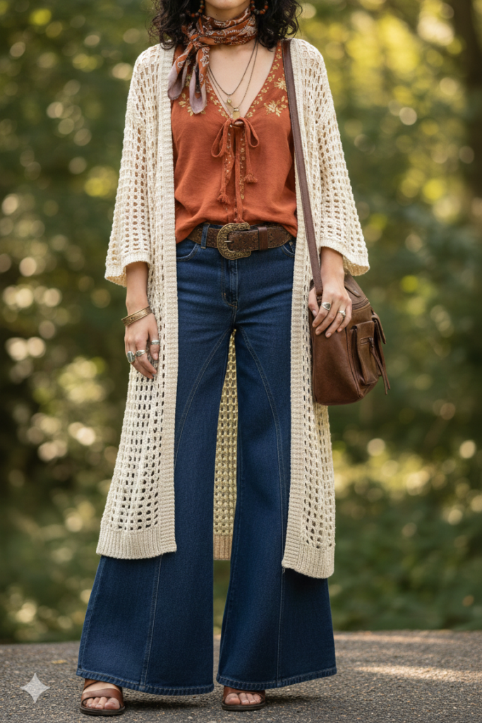 Orange Boho Top + Dark Flare Jeans + Cream Open Knit Cardigan