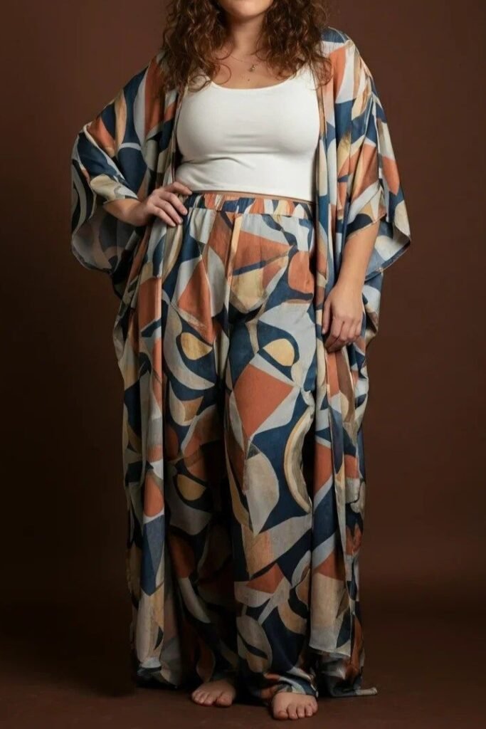 Patterned Kimono + White Tank Top + Patterned Wide Leg Pants