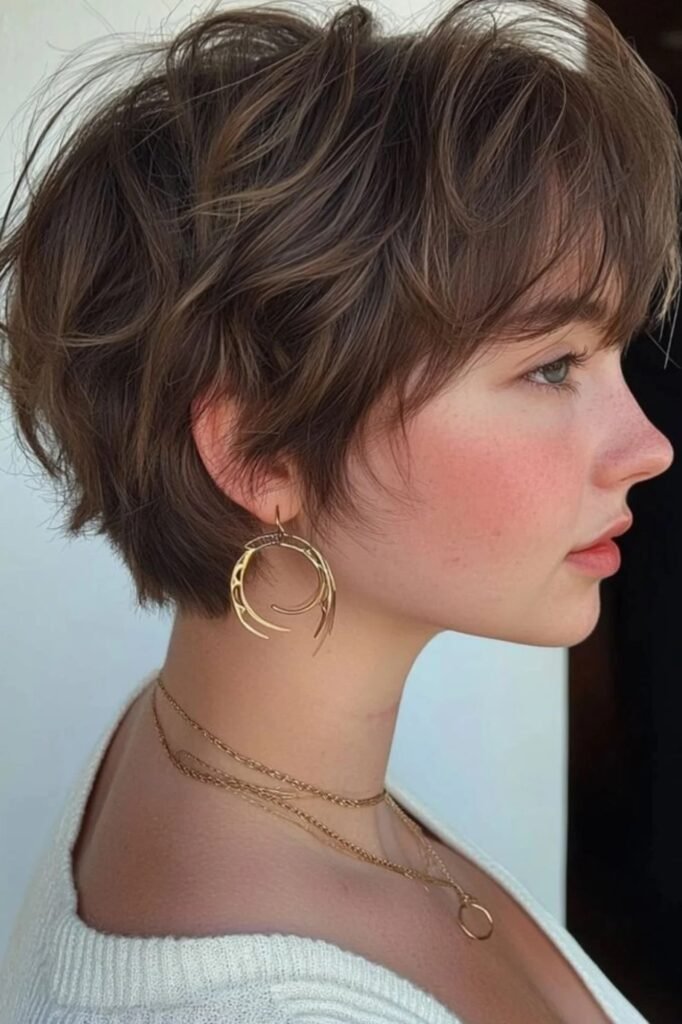 Piecey Brunette Pixie Cut with Natural Waves