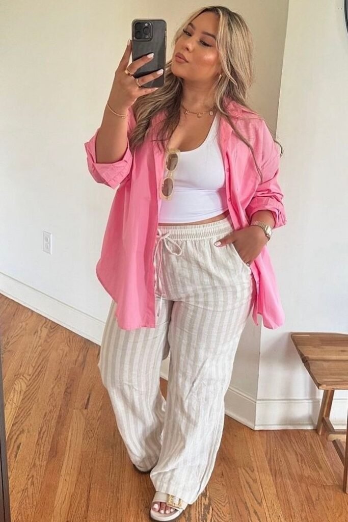 Pink Button Down Shirt + White Tank Top + Striped Wide Leg Pants + White Slides