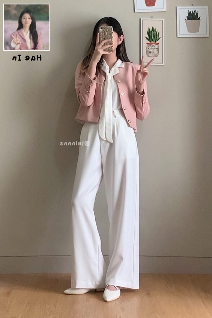 Pink Cropped Jacket + White Tie Neck Blouse + White Wide Leg Trousers + White Flats