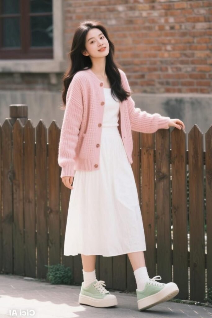Pink Knit Cardigan + White Tank Top + White Midi Skirt + Green Sneakers