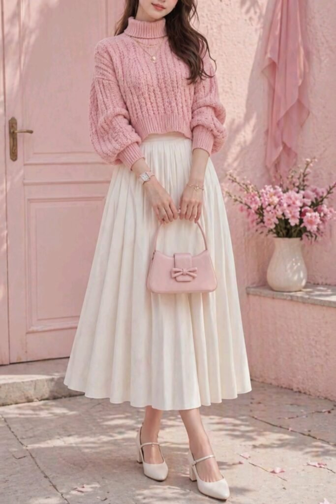 Pink Turtleneck Sweater + White Pleated Midi Skirt + Pink Handbag + White Heels