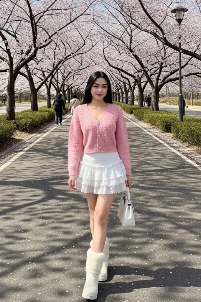 Pink V Neck Cardigan + White Ruffled Mini Skirt + White Furry Boots