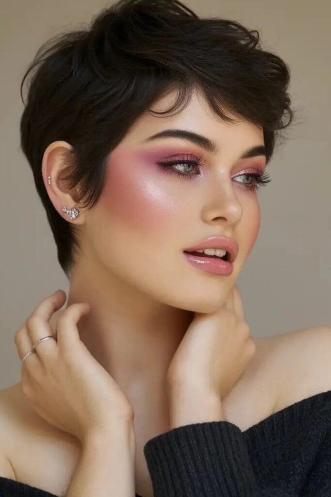 Polished Dark Pixie Cut with Side-Swept Styling