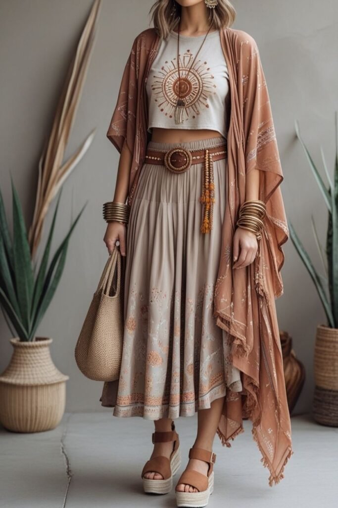 Printed Crop Top + Beige Tiered Maxi Skirt + Tan Kimono