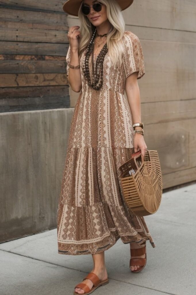 Printed Maxi Dress + Brown Fedora Hat + Wooden Handbag