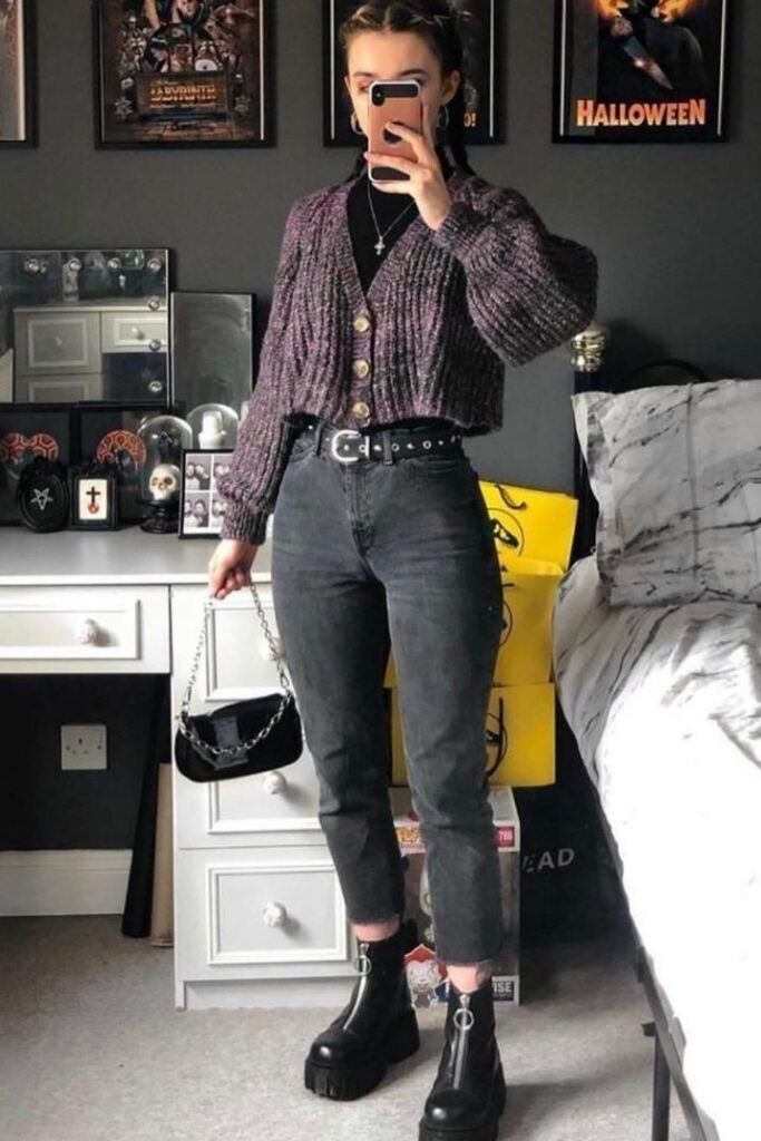 Purple Knit Cardigan + Black Turtleneck + Black Jeans + Black Platform Boots + Shoulder Bag