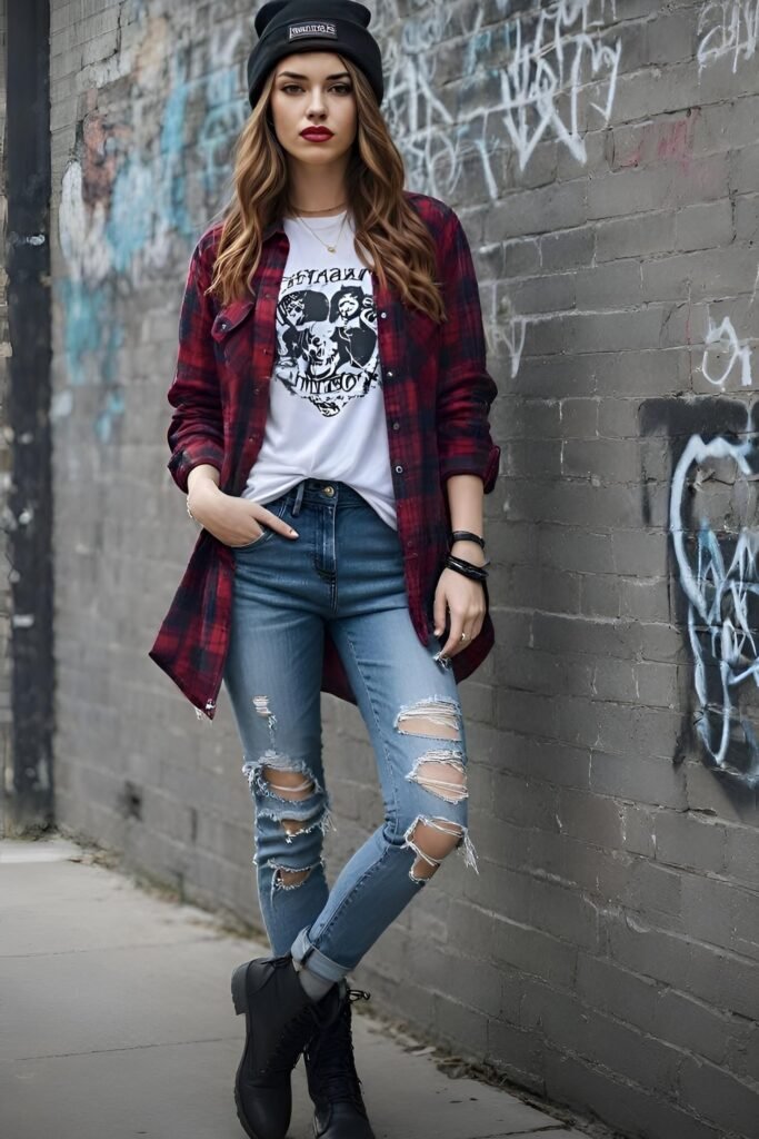 Red Plaid Flannel Shirt + Graphic T Shirt + Distressed Jeans + Black Boots