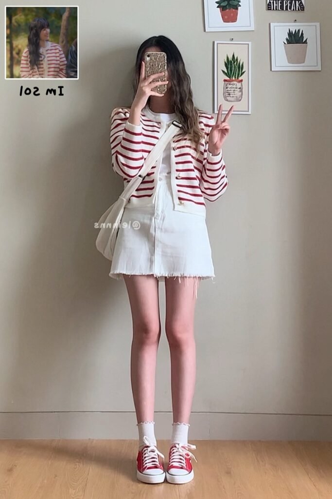 Red and White Striped Cardigan + White Mini Skirt + White Shoulder Bag + Red Sneakers