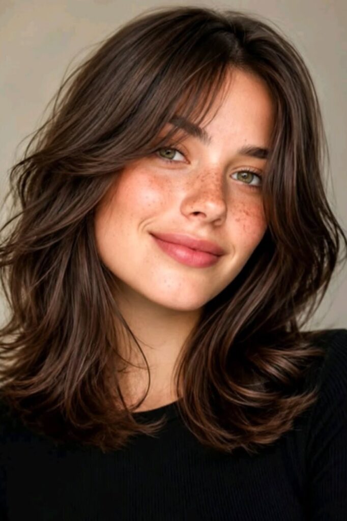 37. Rich Chocolate Brown Shag with Soft Curtain Bangs