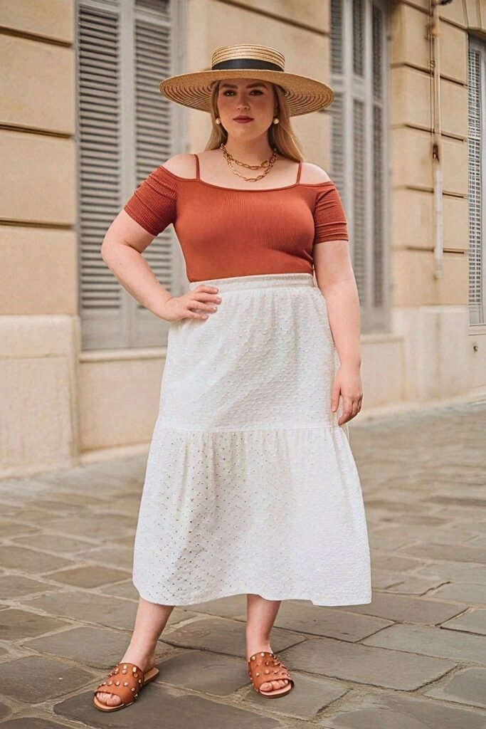 Rust Cold Shoulder Top + White Eyelet Midi Skirt + Tan Studded Sandals