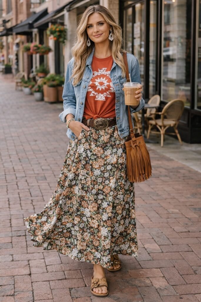 Rust Graphic T Shirt + Denim Jacket + Floral Maxi Skirt + Fringed Bag + Tan Slides